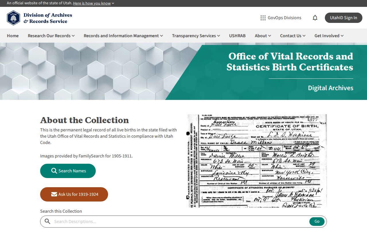 Pleasant Grove previous residents Utah Archives digital birth records